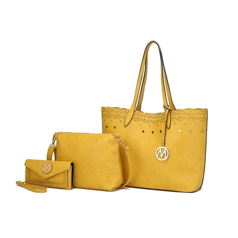Set De 3 Piezas Para Mujer, Mkf Collection, Bolso Tote De Compras, Bolso Crossbody, Y Cartera - Mariahna, Cuero Vegano - Amarillo