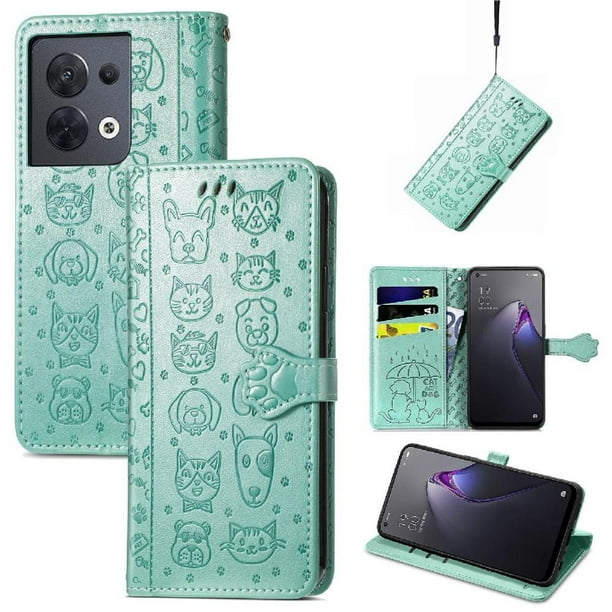 Funda Cartera FOXDOCK para OPPO Reno 8 4G , Flip PU con Relieve de Gatos y Perros, Tarjetero y Soporte