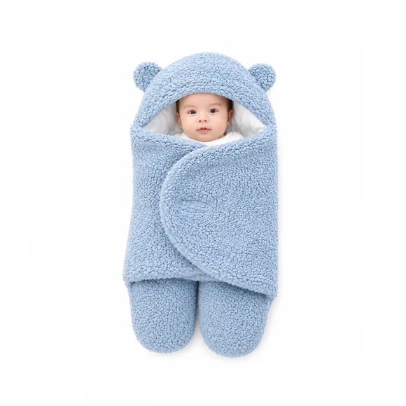 Saquito Bebé Osito con Capuchita y Orejitas Celeste - BABYMINE