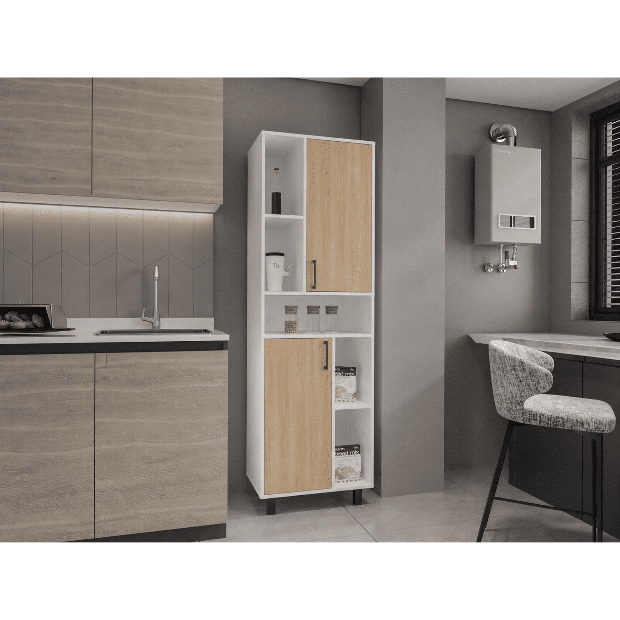 Tuhome - Mueble Despensa Cocina 2 Puertas Brice Blanco Y Fresno 190x60x39,7 Cm