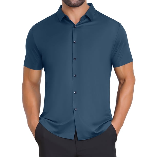 INSPIRE CHIC Camisas de Vestir de Manga Corta de Color Sólido con Cuello de Botón para Hombre 2XL Azul Oscuro