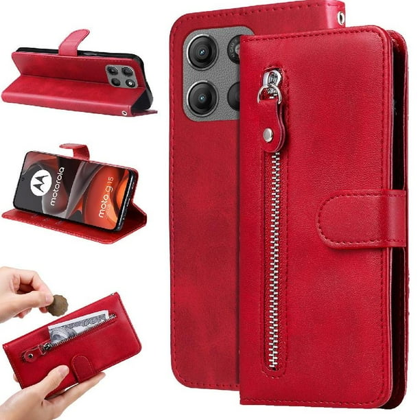 Funda con Cremallera para Motorola Moto G15, Carcasa Cartera de Cuero PU con Soporte y Tarjetero