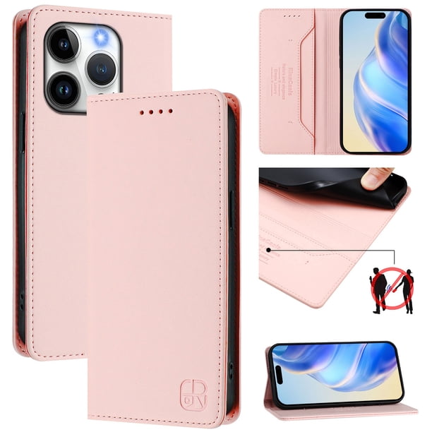 Funda Billetera con Soporte para iPhone 15 Pro Bloqueo RFID Plegable Rosa