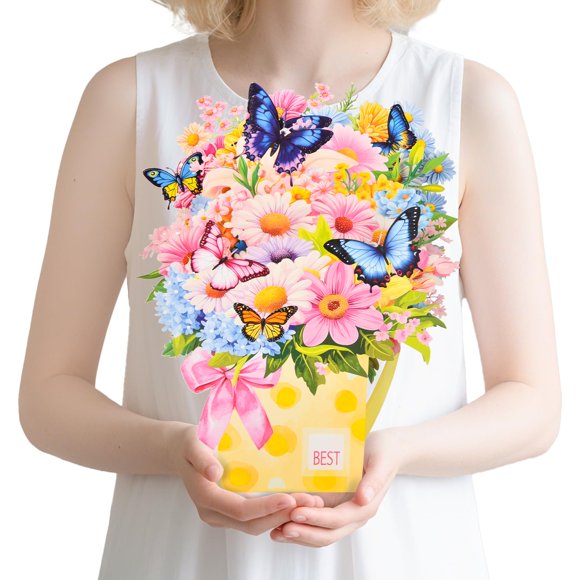 Tarjeta de felicitación con ramo de flores desplegable en 3D con jarrón de mariposas