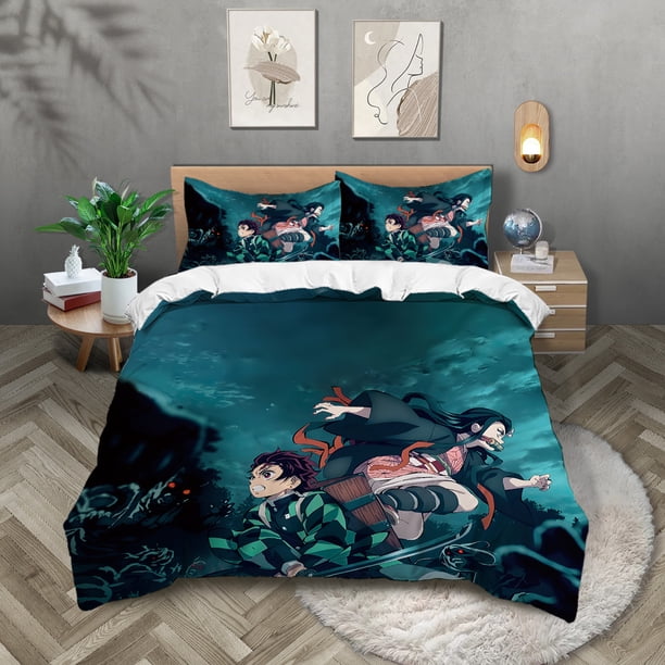 3pcs Demon Slayer anime 3D printing 1 quilt cover 2 pillowcases Skin-friendly, warm and soft, home bedroom bedding set