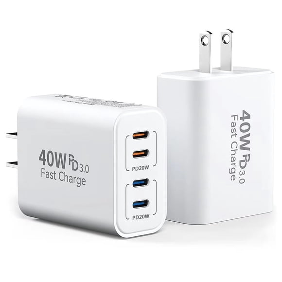 Bloque de carga TT&C USB C de 40 W con 4 puertos para iPhone Galaxy, paquete de 2