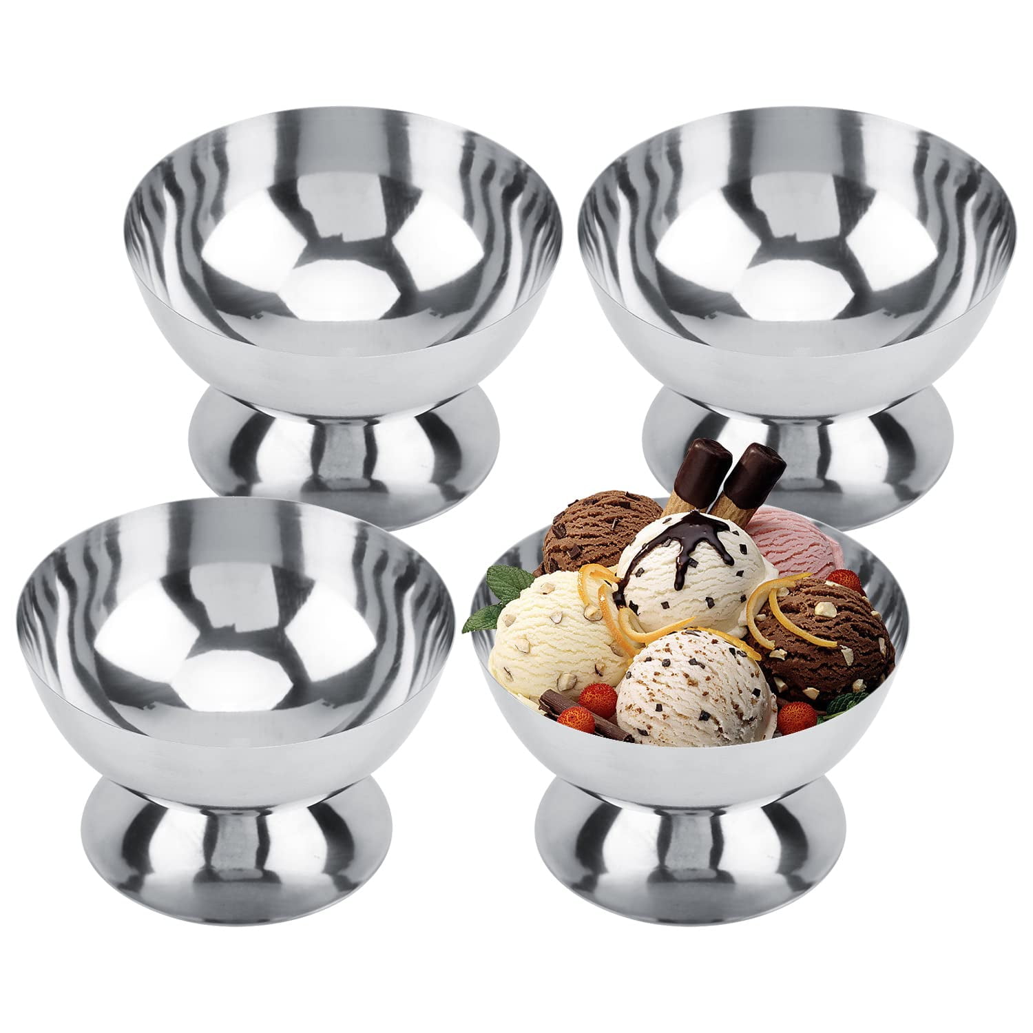 Xusx111 - Cuencas De Helado De Acero Inoxidable Cuencas De Postre Mini Taza De Helado Redonda De Pies Para Ensalada Fruta Aperitivo Dulces De Pudín, Plata, 4 Piezas
