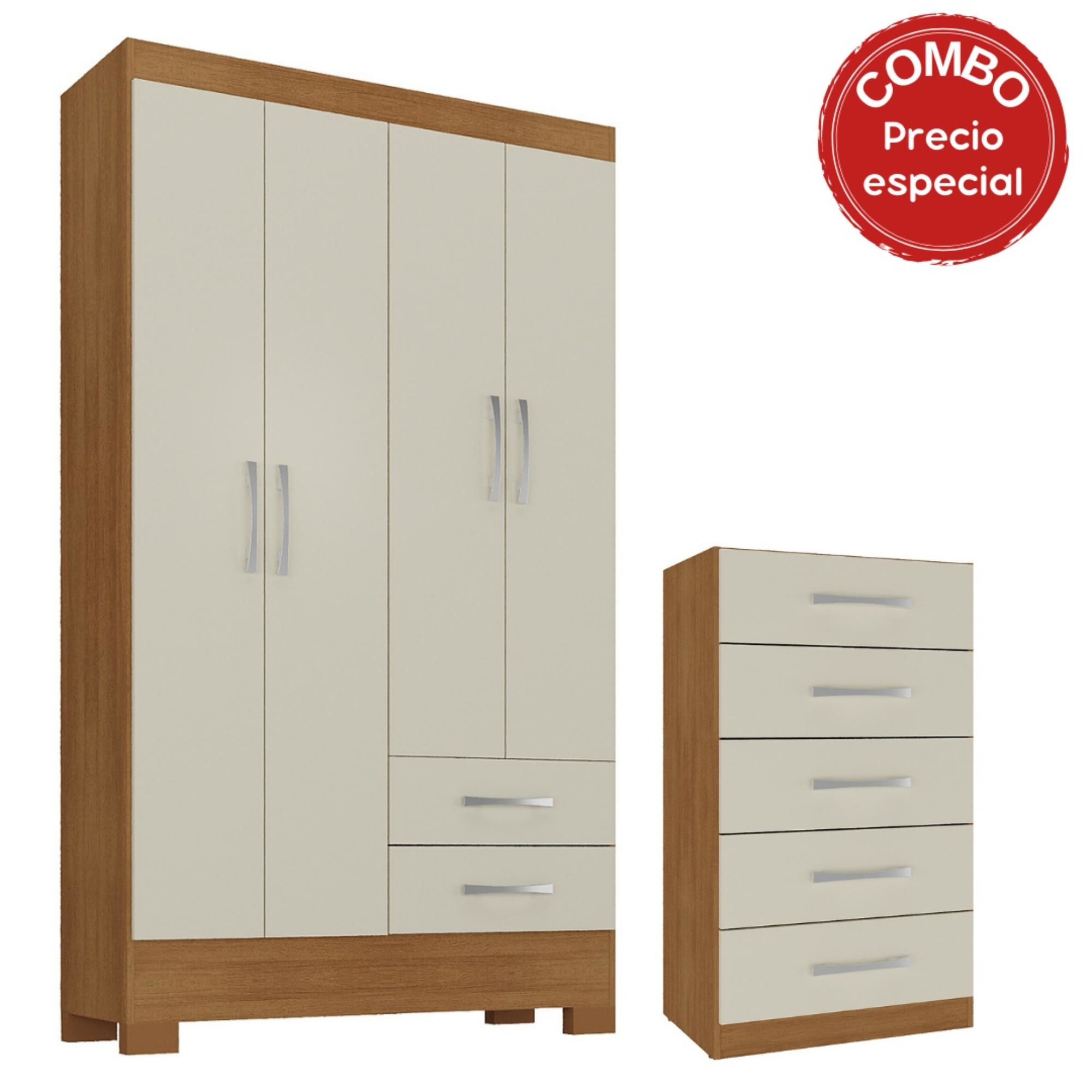 Mobilfrank - Clóset Ro42-Co5Co 4 Puertas 2 Cajones + Cómoda 5 Cajones Canela - Off White