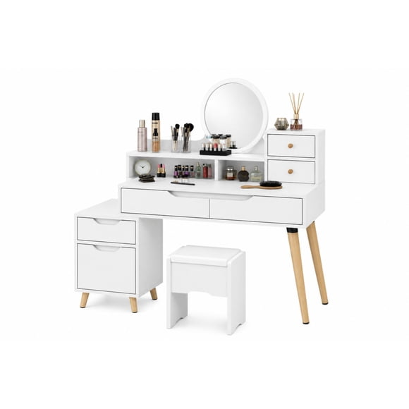 Tocador Con Espejo De Luz Led Y Taburete Comoda Extendible Blanco