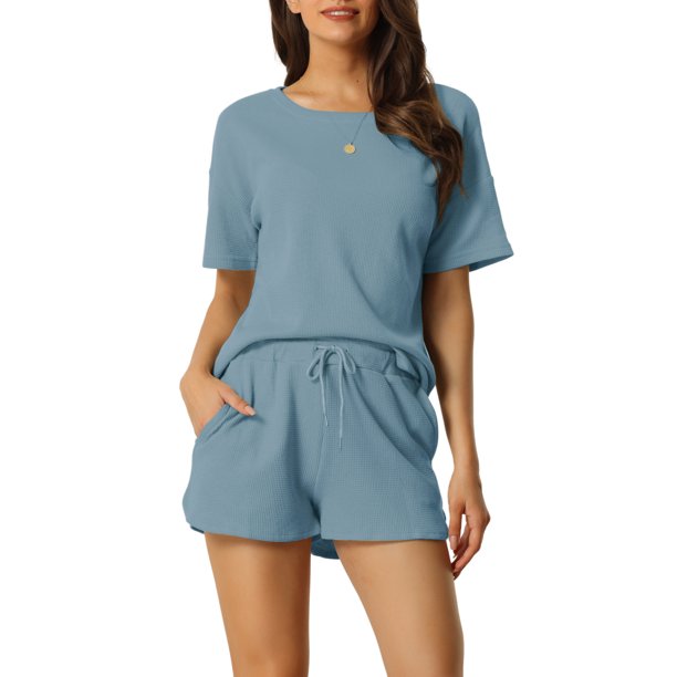INSPIRE CHIC Conjunto de Salón de Punto de Waffle para Mujer, Pijama de Manga Corta con Bolsillos, Mezcla de Algodón Suave para Primavera Verano M Gris Azul