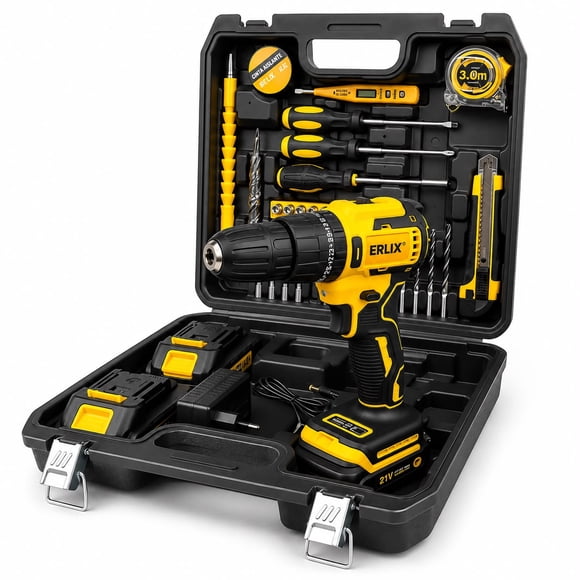 Taladro Atornillador Percutor Inalámbrico ERUX 21V + Kit Completo de Herramientas | 2 Baterías + Maletín