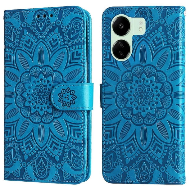 Funda tipo cartera FOXDOCK para Xiaomi Redmi 13C 5G , diseño girasol en relieve, cuero PU, cierre magnético, soporte y tarjetero