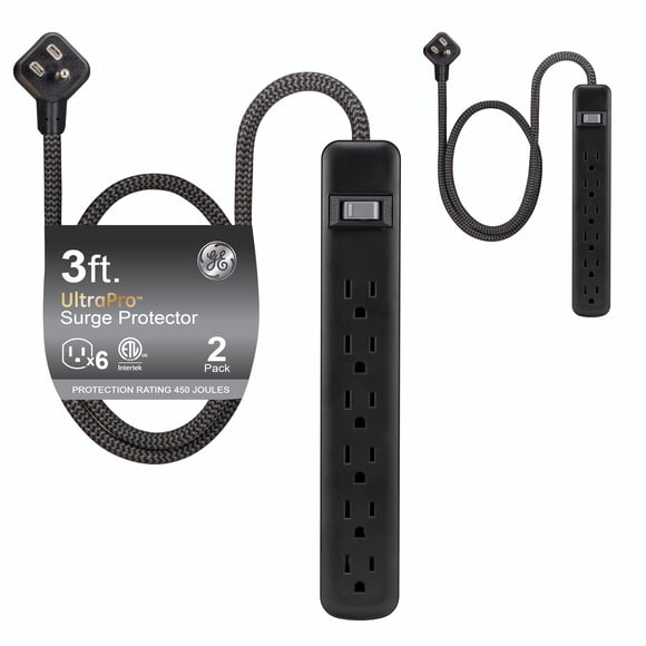 Protector contra sobretensiones GE UltraPro de 6 salidas, paquete de 2, 3 pies con 450 J