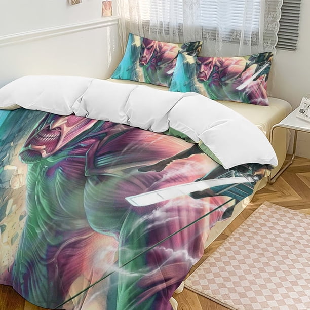 Attack On Titan Quilt Set Thicken Soft 3 Pieces Bedding Set All Season Duvet Cove with 2 Pillowcases for Adult Women Girls Teens Home Room Decor
