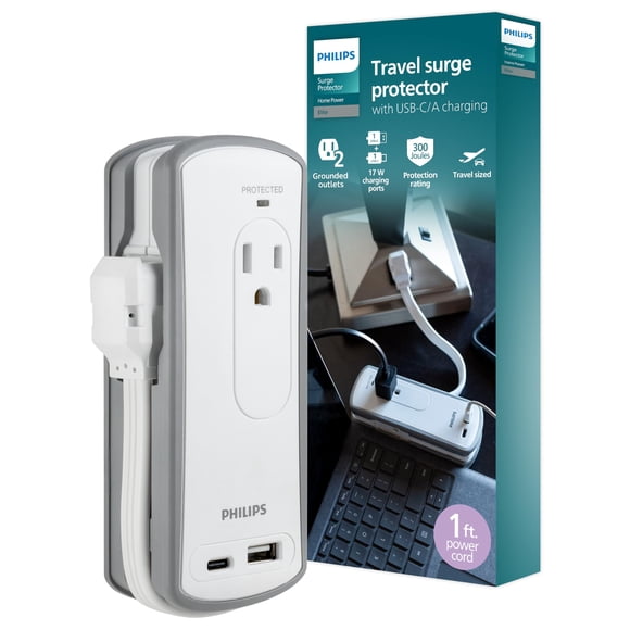 Supresor de picos Philips SPP2111WA/37 de 2 contactos y 2 USB, 3.4 A, gris