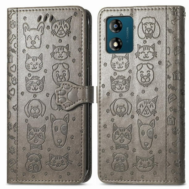 Funda Cartera FOXDOCK para MOTO E13 , Flip PU con Relieve de Gatos y Perros, Tarjetero y Soporte