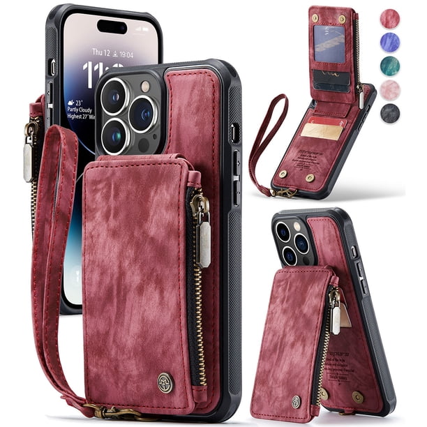 Wallet Case For IPhone 14/13/12/11 With RFID Blocking Leather Case With Card Holder & Kickstand, Zipper Strap Double Button Flip Shockproof Case