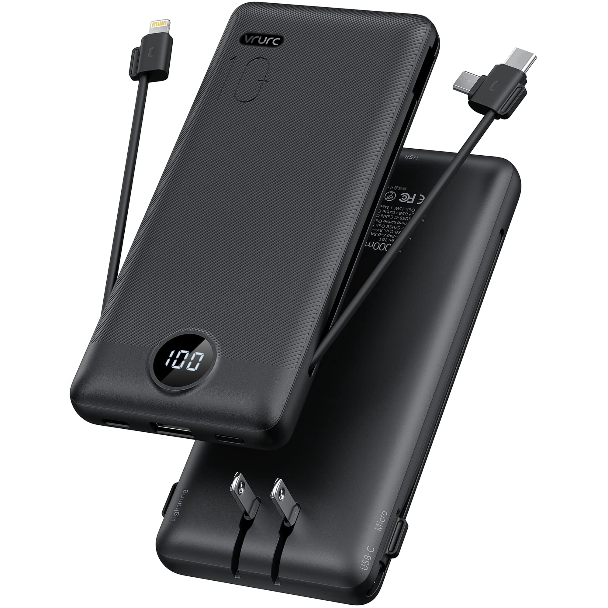 Cargador Portátil Vrurc De 10000 Mah Con Cables Y Enchufe Integrados