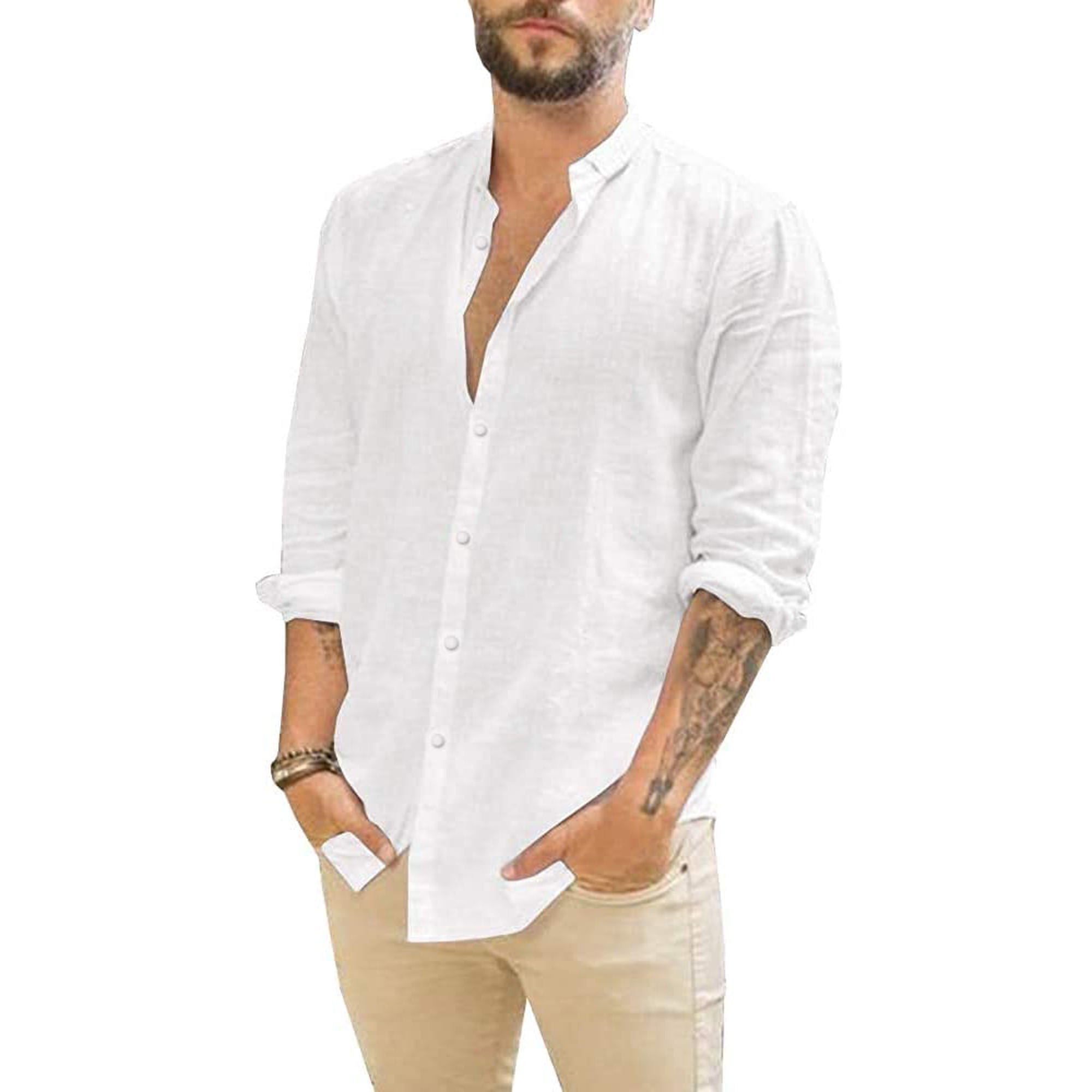 Camisa Casual De Manga Larga Para Hombre Jekaoyi, Algodón Y Lino, Blanca