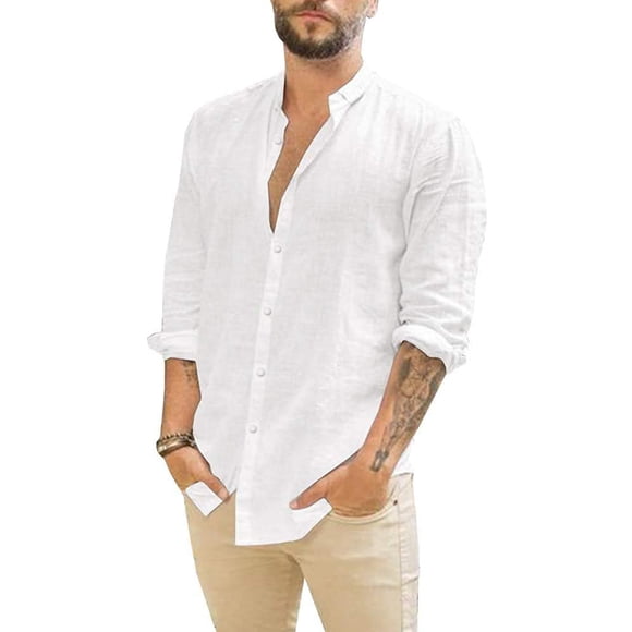 Camisa casual de manga larga para hombre JEKAOYI, algodón y lino, blanca
