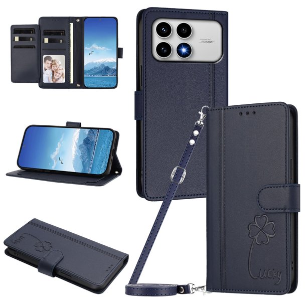 Funda Cartera Trébol para Xiaomi Poco F8 Pro con Ranuras Tarjetas y Carga Inalámbrica Azul oscuro