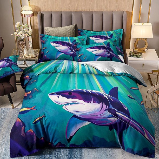 Art Ocean Shark Fish Animals Print Quilt Duvet Cover Set Doona Cover Double3-Piece Bedding Set