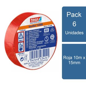 Pack 6 Tesaflex Cintas Aisladora Eléctrica Profesional Roja 10M X 15Mm