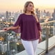 thumbnail image 2 of Agnes Orinda Blusas Casuales de Verano para Mujer Talla Grande de Escuela Colegio de Gasa Mangas de Pétalo 3/4 Cuello Redondo Fluidas 1X Púrpura Oscuro, 2 of 8
