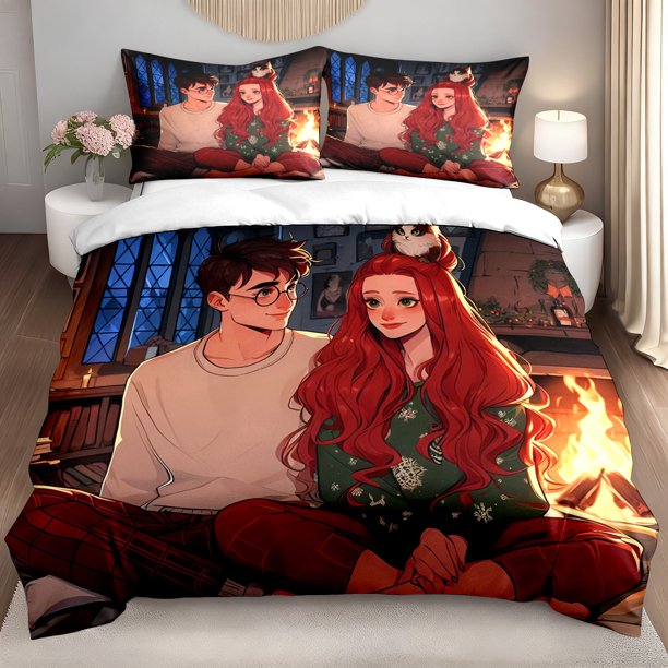 3pcs Bedding set Anime Couple by Fireplace Bedspread - Romantic Duvet Cover with Cushion Case(s) Cozy Bed Sheets for