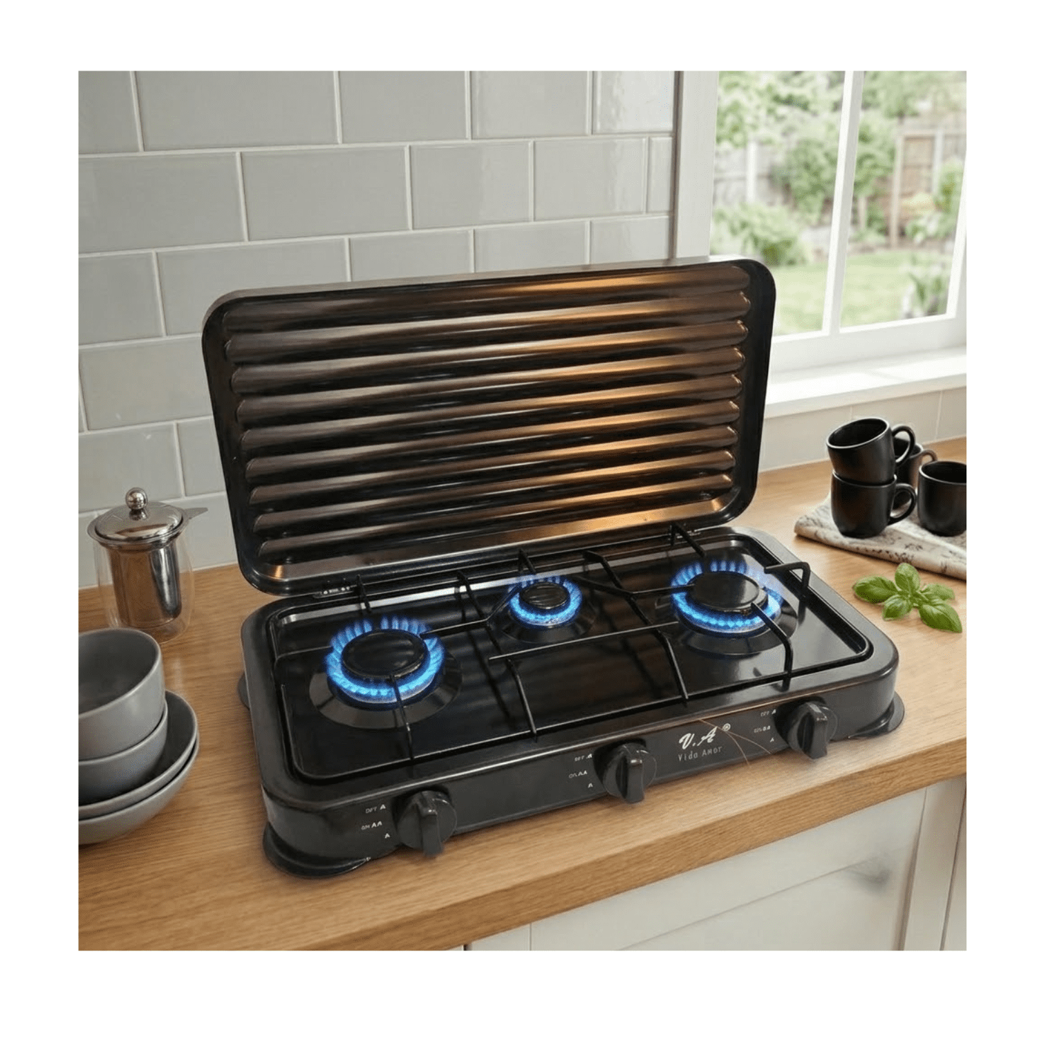 Genérico - Cocina A Gas Encimera 3 Platos Negro Con Tapa Portatil Negro