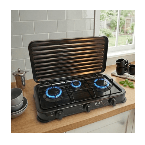 Genérico - Cocina A Gas Encimera 3 Platos Negro Con Tapa Portatil Negro
