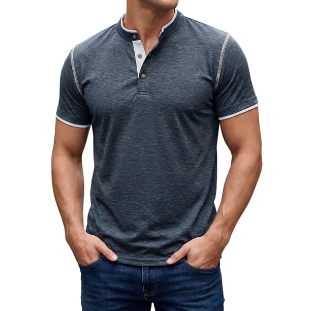 INSPIRE CHIC Camisetas Henley de Hombre de Manga Corta Casual con Ribete en Contraste XL Azul Marino