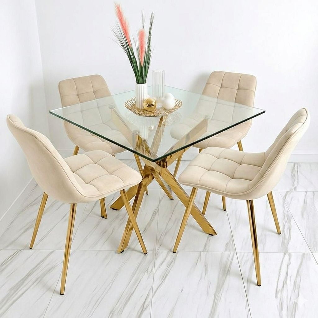 Nevi Express - Juego De Comedor Dorado 120cm + 4 Sillas Capitone Beige