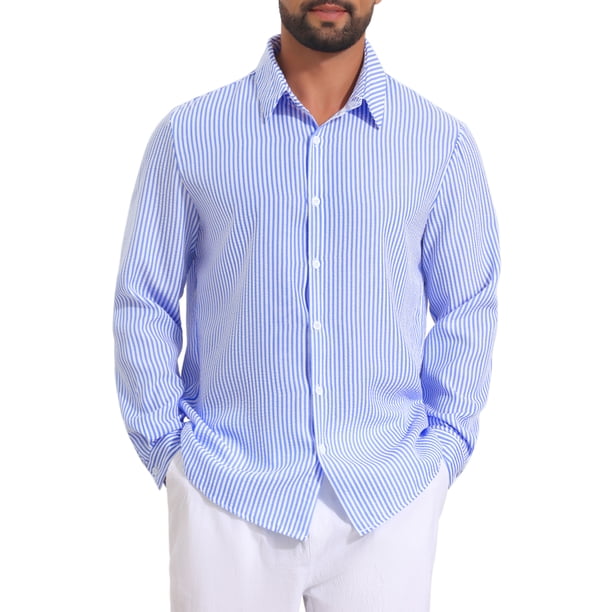 INSPIRE CHIC Camisa de Hombre Seersucker a Rayas de Manga Larga con Botones Texturizados XL Azul