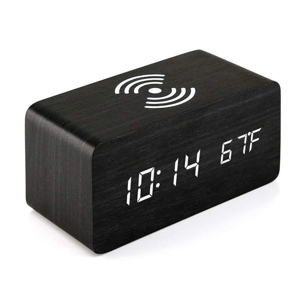 Reloj despertador digital de madera con carga inalámbrica, pantalla LED de 3 alarmas, control de sonido y función de repetición dual para dormitorio, mesita de noche y oficina.