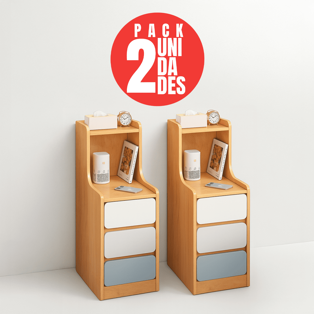 Tienda El Garage - Pack 2 Velador Mesita Natural Angosta 3 Cajones