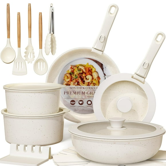 Set de Ollas y Sartenes Astercook 21 Unidades Cerámica Antiadherente Crema