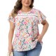 thumbnail image 1 of Agnes Orinda Blusa de Verano Casual para Mujer de Talla Grande con Estampado Floral, Cuello Redondo con Encaje Frontal y Manga Corta, Talla 2X, Blanca, 1 of 8