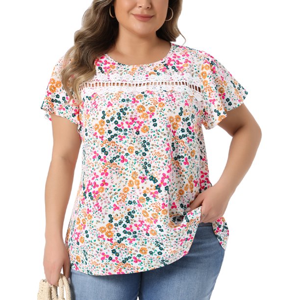 Agnes Orinda Blusa de Verano Casual para Mujer de Talla Grande con Estampado Floral, Cuello Redondo con Encaje Frontal y Manga Corta, Talla 2X, Blanca