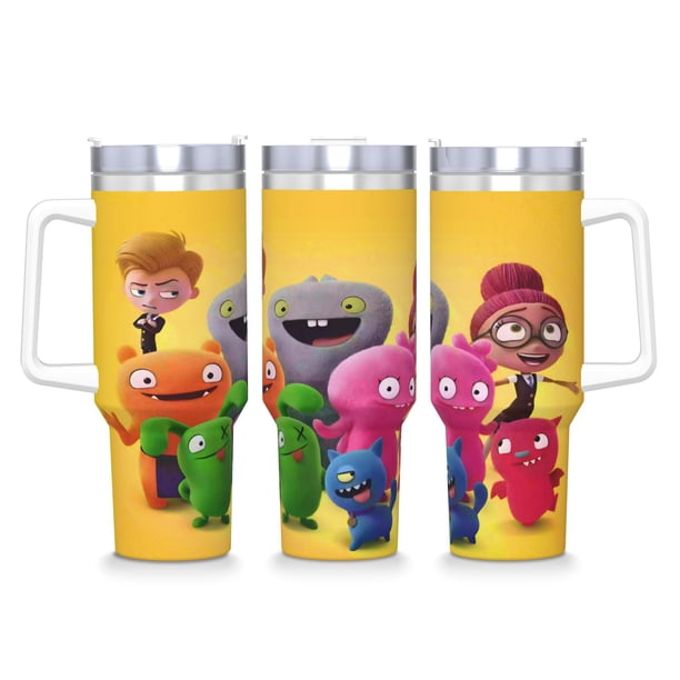 UglyDolls Vaso aislado de acero inoxidable con asa, diseño temático, regalo para familia, amigos y fans; incluye pajita y encaja en el portavasos estándar, 40 oz