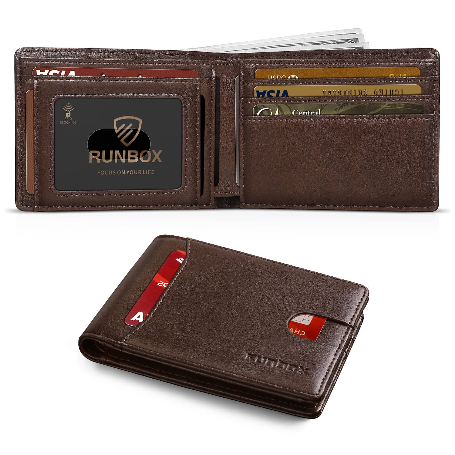 Cartera Runbox Slim De Piel Con Bloqueo Rfid, Color Café, Para Hombre