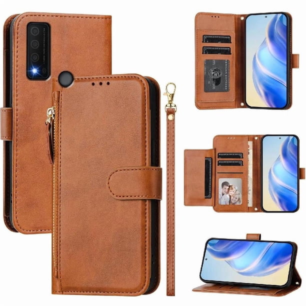 Funda tipo cartera para TCL 30 XE 5G con bolsillo con cremallera, tarjetero, soporte, correa para la muñeca y tapa de cuero marrón