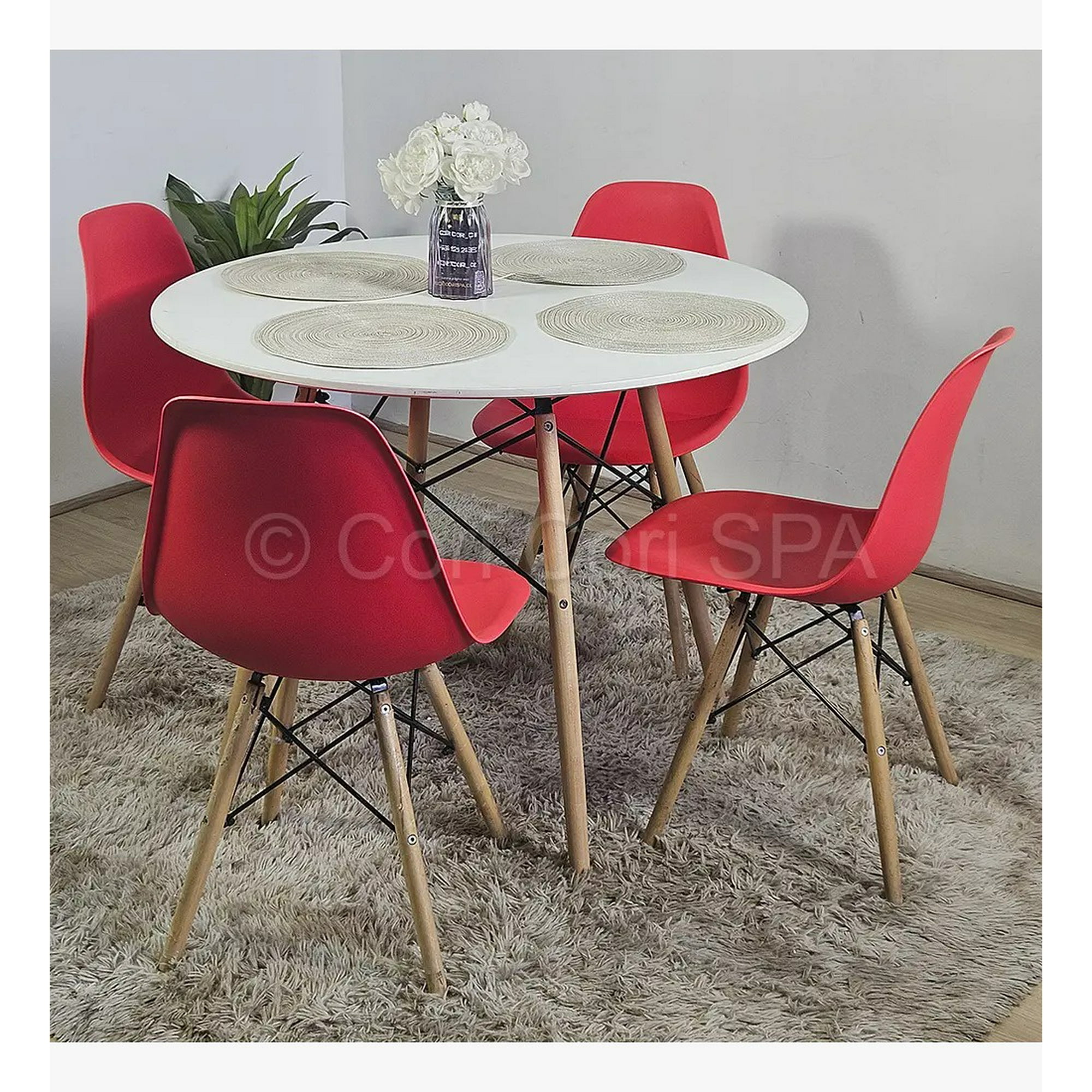 Cori Cori - Juego De Comedor Mesa Eames Blanca 100cms + 4 Sillas Eames Rojo