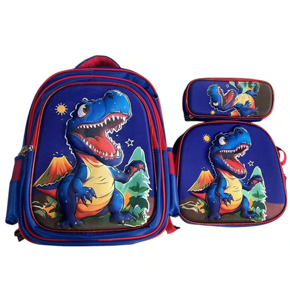 Set De Mochila Niños Escolar Diseño Dino Trex Azul