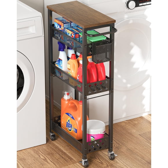 Carrito de Almacenamiento Delgado XYZLVSI de 4 Niveles con Ruedas, Carrito Metálico Estrecho para Cocina, Organizador para Baño con Estante de Madera y Asa para Espacios Pequeños