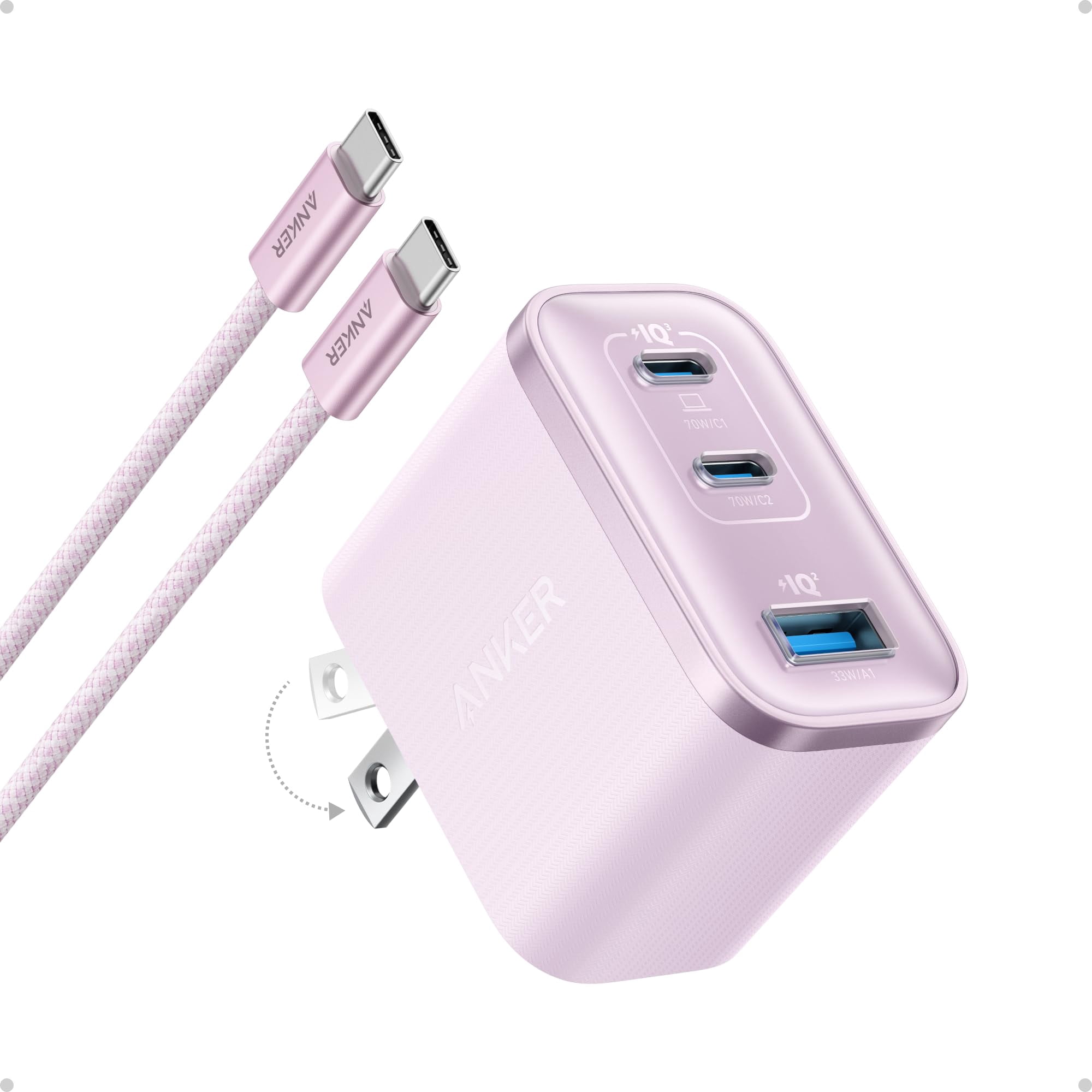 Cargador Anker B121a 70w 3 Puertos Usb-c Con Cable Rosa