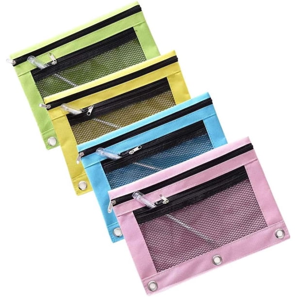 Estuche para lápices tamaño B5 con doble cremallera y dos bolsillos, de malla transparente, con cremallera, con remaches y 3 anillas (rosa)