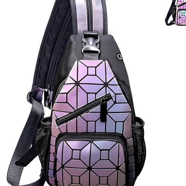Geometric Luminous Backpack, Holographic Reflective Zipper Sling Chest Bag, Multi Functional Shoulder Bag