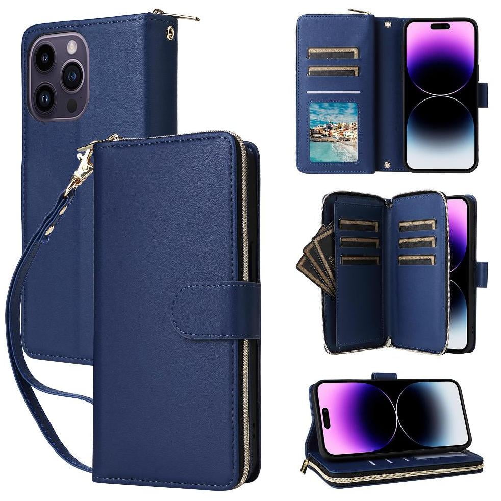 Foxdock - Funda Cartera Con Cremallera Y Correa Para Iphone 14 Pro Max Soporte Y Tarjetero Azul