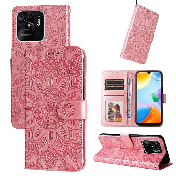 Funda tipo cartera FOXDOCK para Xiaomi Redmi 10C 4G , diseño girasol en relieve, cuero PU, cierre magnético, soporte y tarjetero